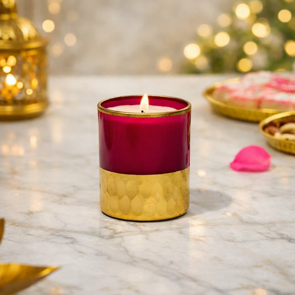 Royal Ruby Scented Glass Candle with Gold Base - Luxury Home Decor & Festive Gift