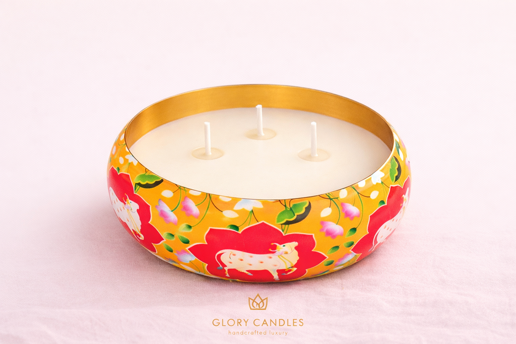 Kamdhenu Bloom Hand-Painted Metal Urli Candle - 6.5 Inch 3-Wick Soy Wax Centerpiece