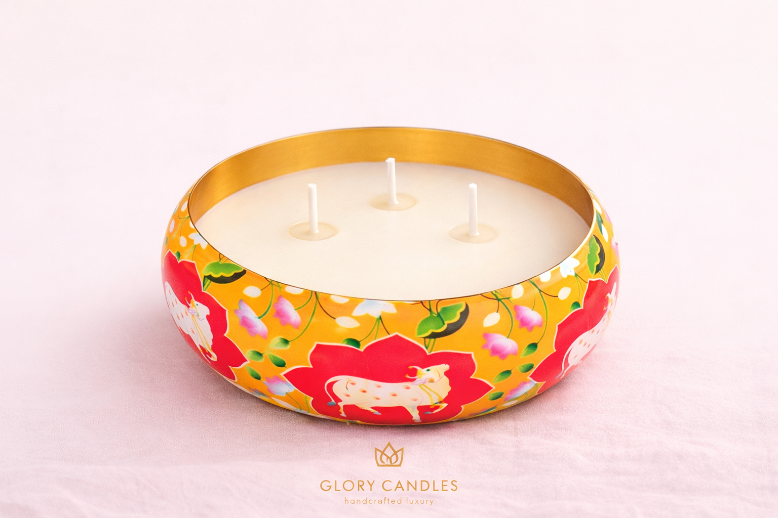 Kamdhenu Bloom Hand-Painted Metal Urli Candle - 6.5 Inch 3-Wick Soy Wax Centerpiece