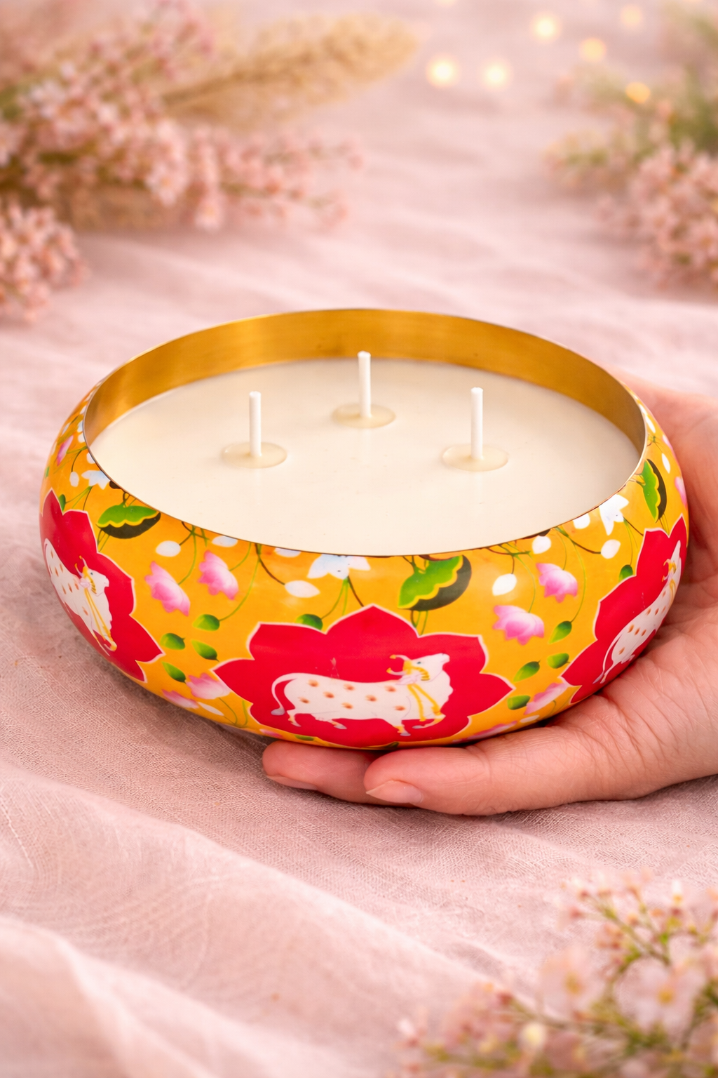 Kamdhenu Bloom Hand-Painted Metal Urli Candle - 6.5 Inch 3-Wick Soy Wax Centerpiece