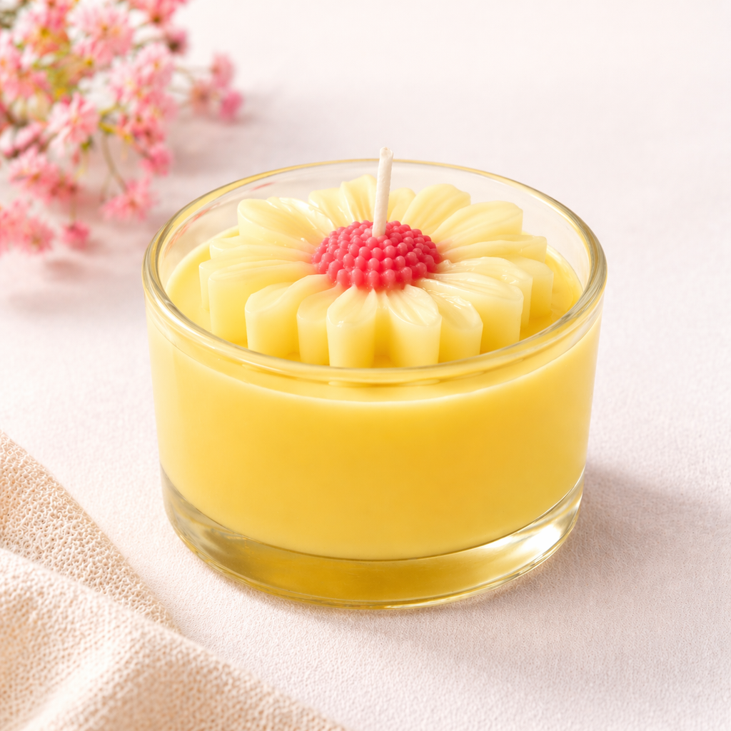 Sunflower Bliss Scented Jar Candle - Handcrafted Ribbed Glass with Sunflower Top for Gifting & Decor