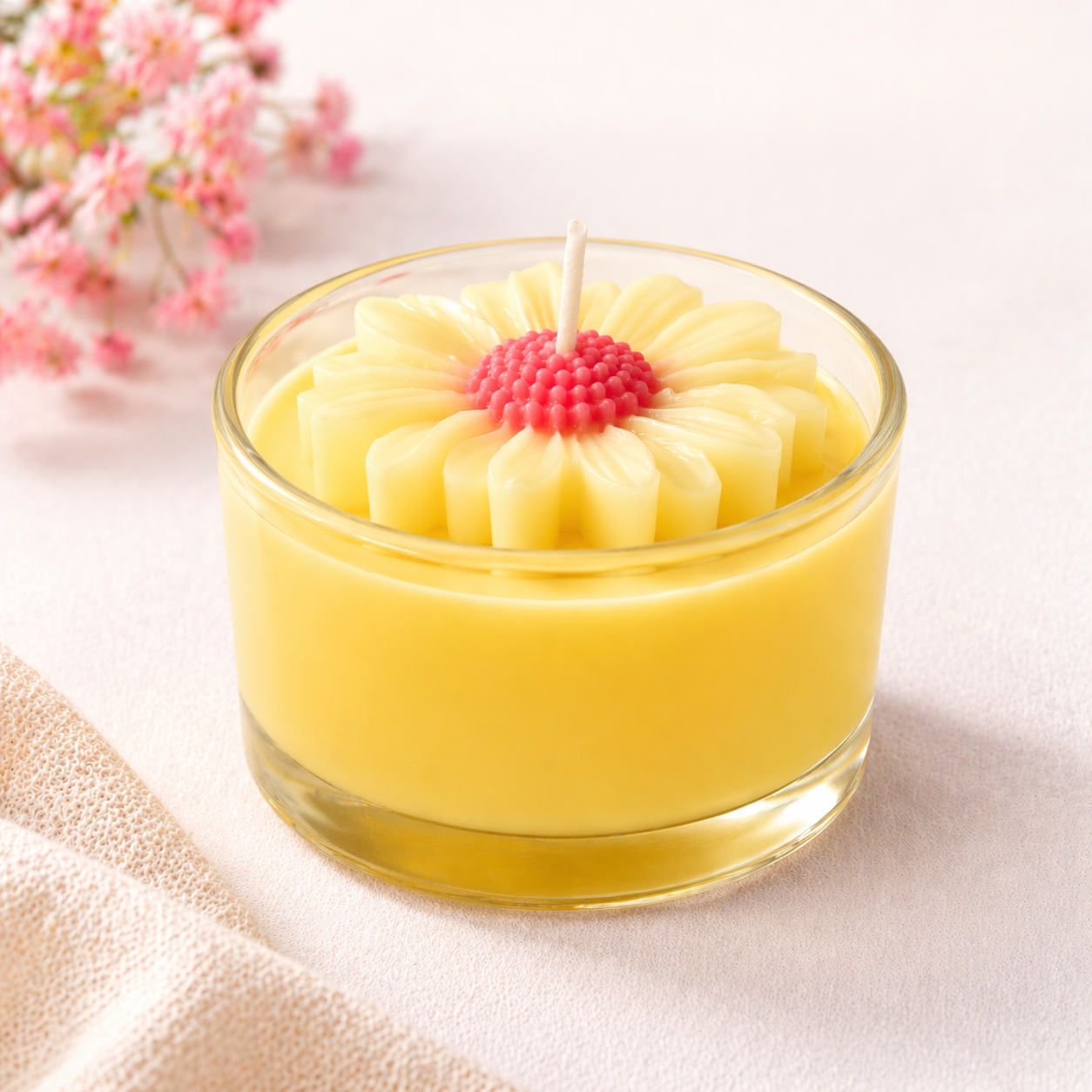 Sunflower Bliss Scented Jar Candle - Handcrafted Ribbed Glass with Sunflower Top for Gifting & Decor