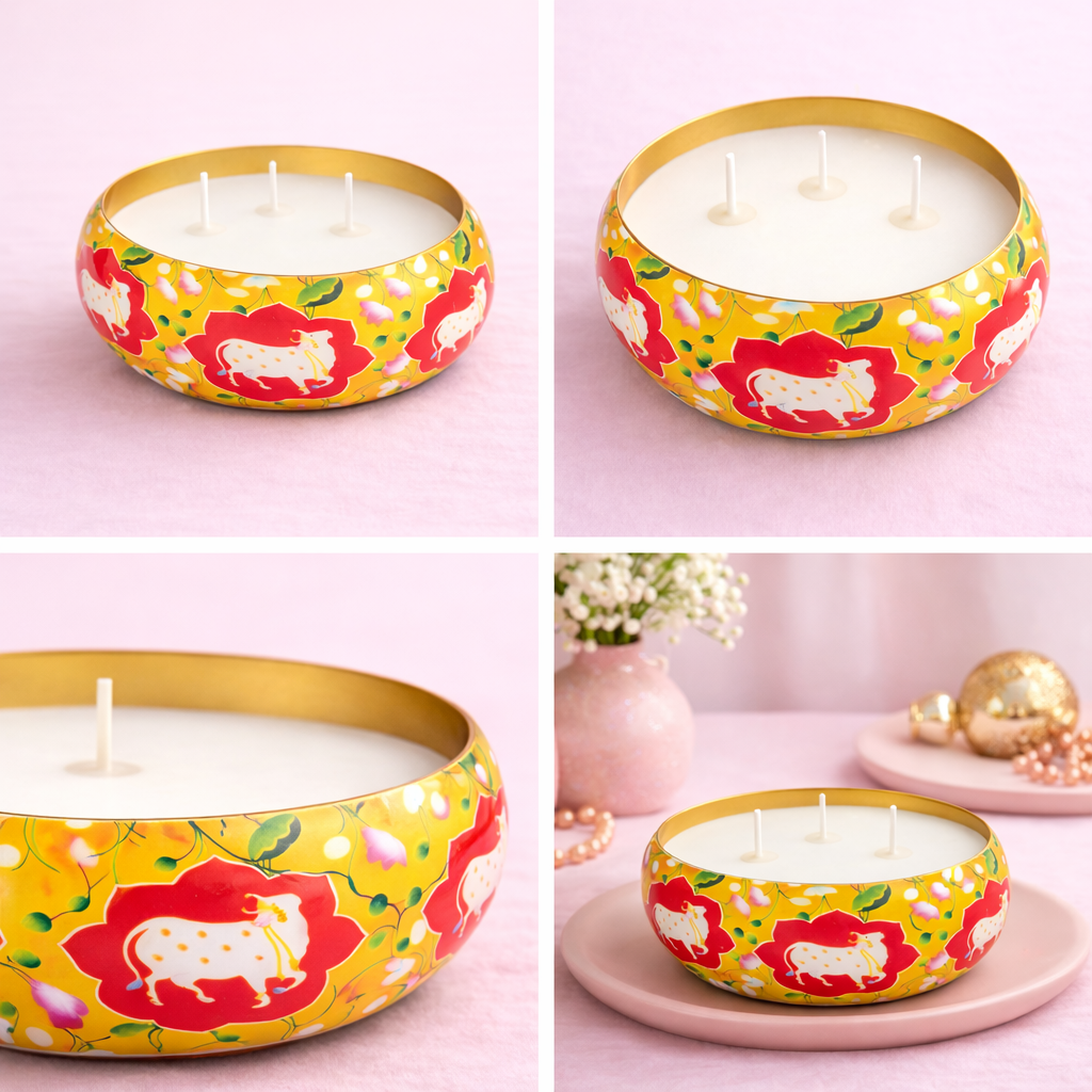 Kamdhenu Bloom Hand-Painted Metal Urli Candle - 6.5 Inch 3-Wick Soy Wax Centerpiece