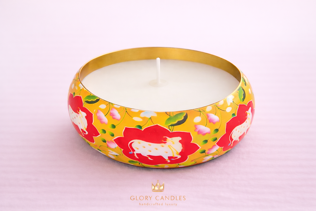 Kamdhenu Bloom Hand-Painted Metal Urli Candle - 6.5 Inch 3-Wick Soy Wax Centerpiece