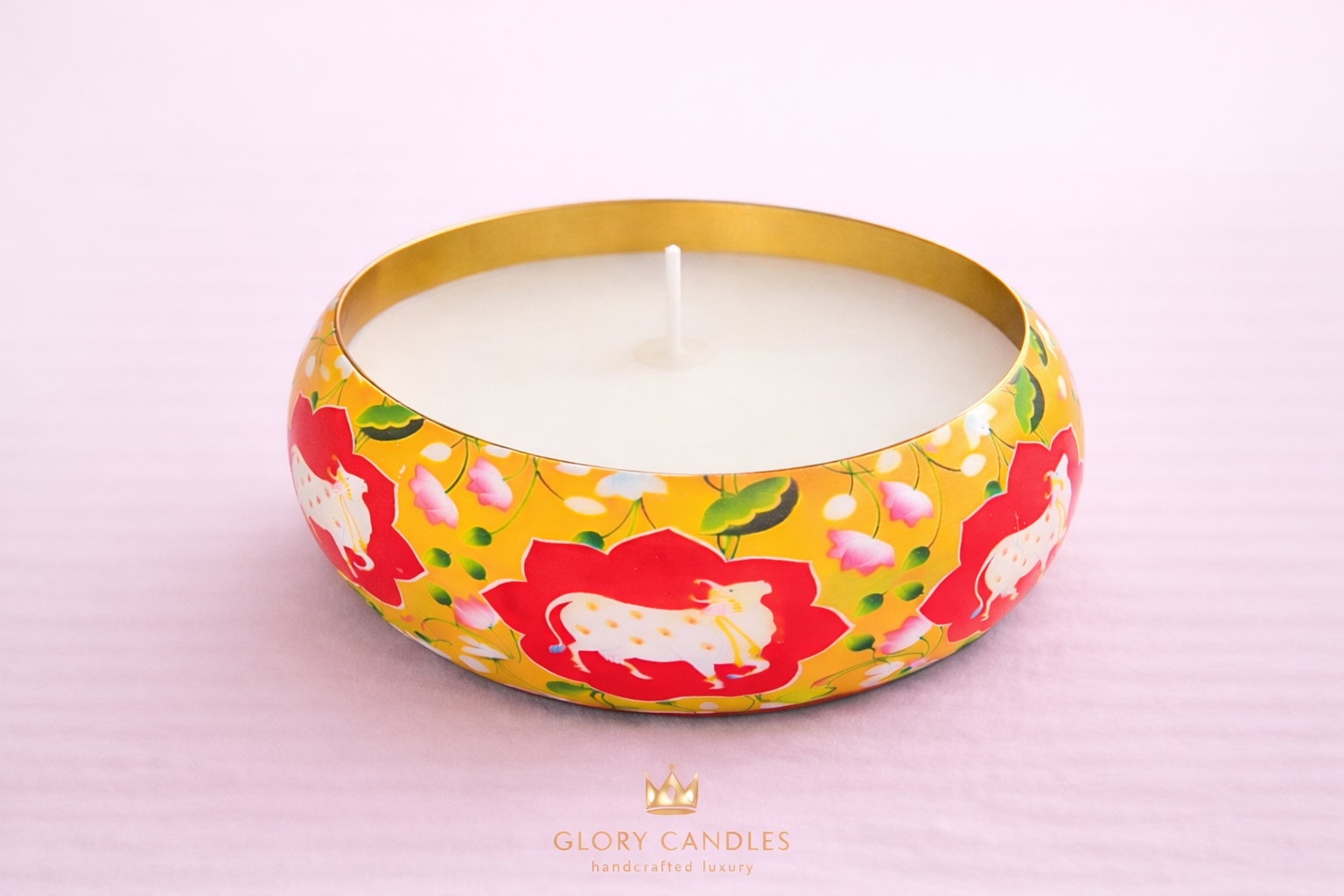 Kamdhenu Bloom Hand-Painted Metal Urli Candle - 6.5 Inch 3-Wick Soy Wax Centerpiece