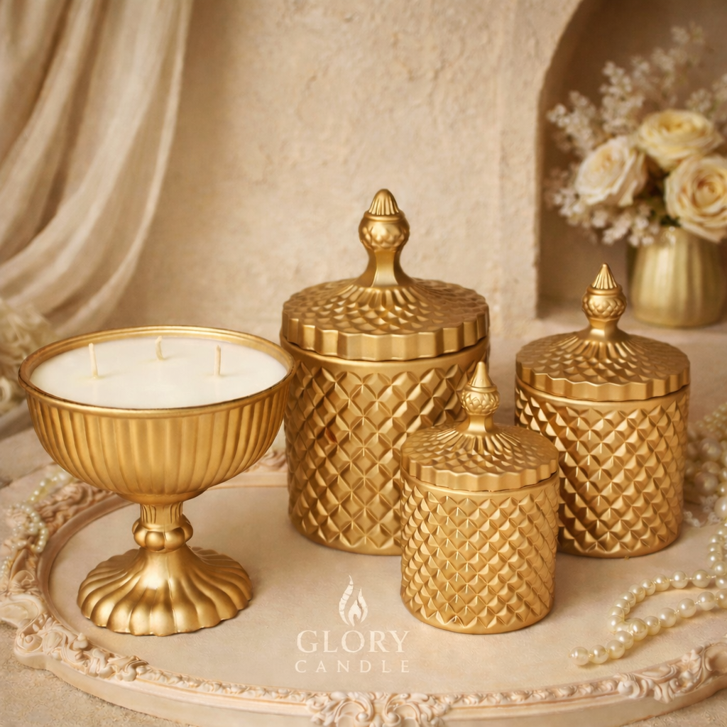 Suvarna Royale Golden Diamond-Textured Jar Candle with Finial Lid - Luxury Festive Decor