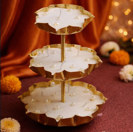 Royal 3-Tier Golden Candle Stand with Pearl Embellishments - Floral Urli Centerpiece
