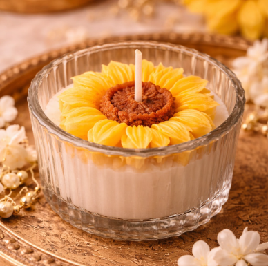 Sunflower Bliss Scented Jar Candle - Handcrafted Ribbed Glass with Sunflower Top for Gifting & Decor