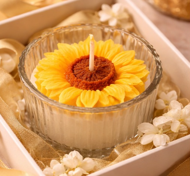 Sunflower Bliss Scented Jar Candle - Handcrafted Ribbed Glass with Sunflower Top for Gifting & Decor